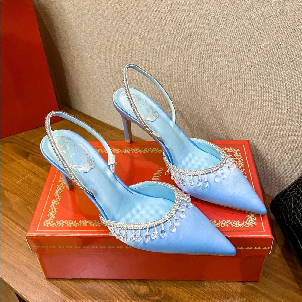 Light Blue Satin Pointed Slingback Heels with Crystal Teardrop Trim - Picture 2 of 8